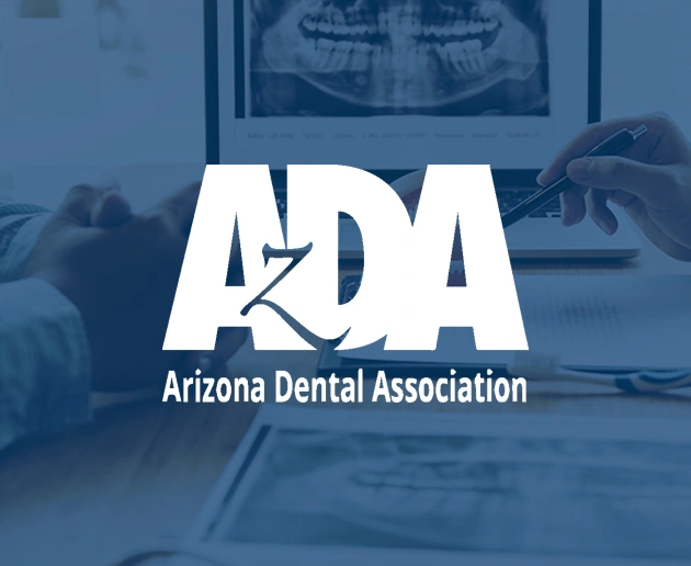 Arizona Dental Association logo overlaid on dental office background with practitioners and equipment.