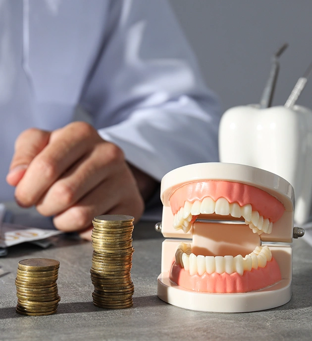 Person stacking coins next to dental model teeth showing cost of dental care.