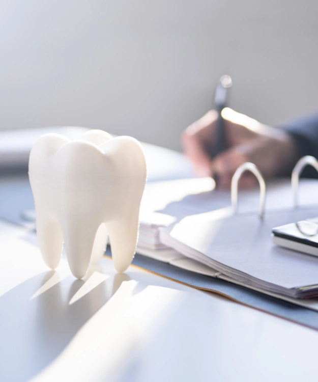 White tooth model on dental desk with blurred dentist and instruments in background