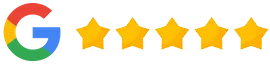 Google logo with five gold stars representing excellent customer ratings for Island Dental